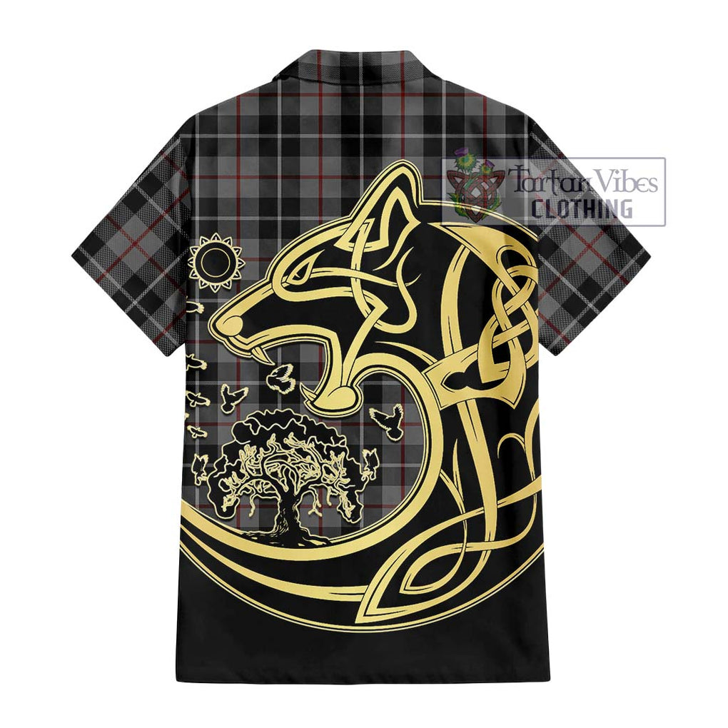 Thomson Grey Tartan Short Sleeve Button Shirt with Family Crest Celtic Wolf Style - Tartan Vibes Clothing