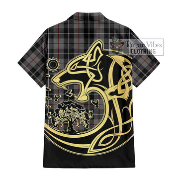 Thomson Grey Tartan Short Sleeve Button Shirt with Family Crest Celtic Wolf Style