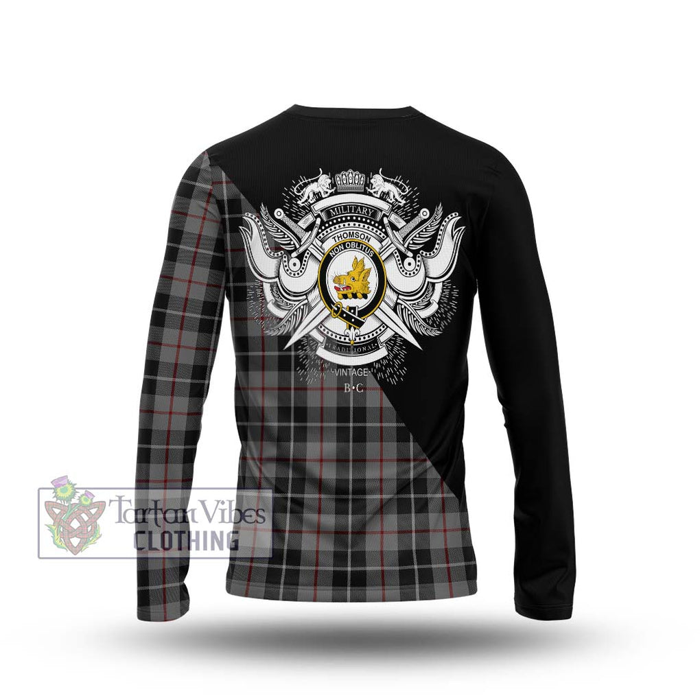 Thomson Grey Tartan Long Sleeve T-Shirt with Family Crest and Military Logo Style - Tartanvibesclothing Shop