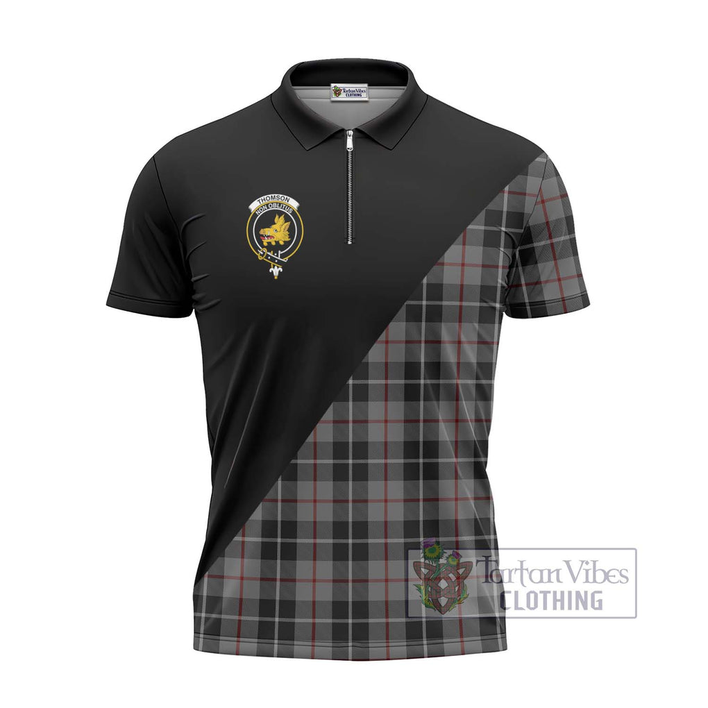 Thomson Grey Tartan Zipper Polo Shirt with Family Crest and Military Logo Style - Tartanvibesclothing Shop