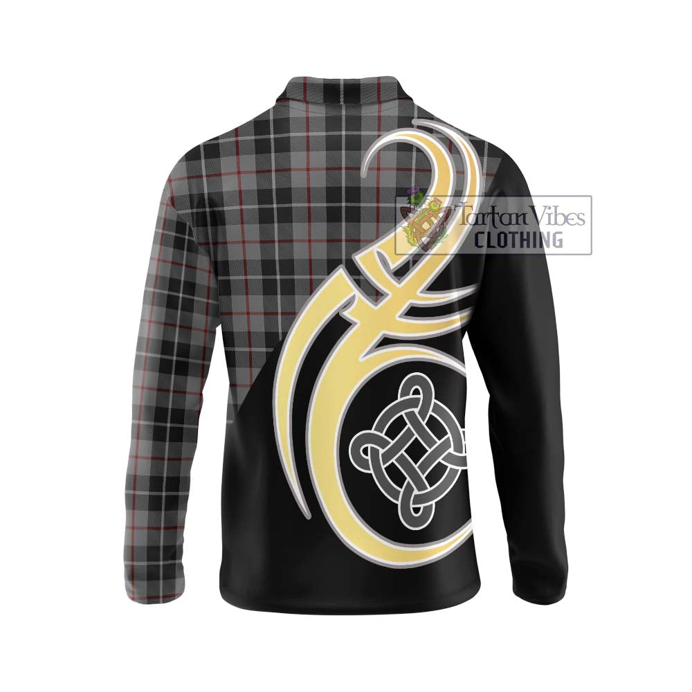 Thomson Grey Tartan Long Sleeve Polo Shirt with Family Crest and Celtic Symbol Style - Tartan Vibes Clothing