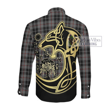 Thomson Grey Tartan Long Sleeve Button Shirt with Family Crest Celtic Wolf Style