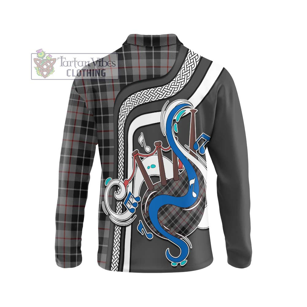 Tartan Vibes Clothing Thomson Grey Tartan Long Sleeve Polo Shirt with Epic Bagpipe Style