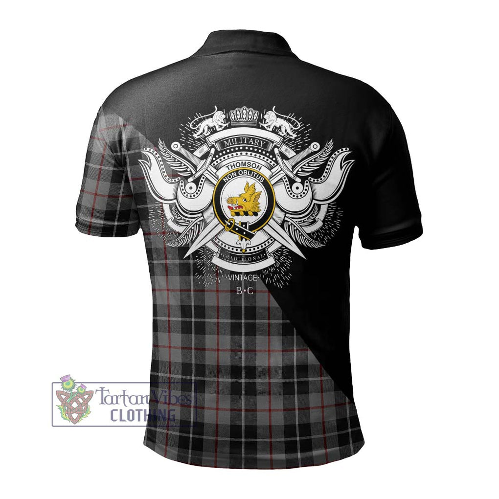 Thomson Grey Tartan Polo Shirt with Family Crest and Military Logo Style - Tartanvibesclothing Shop