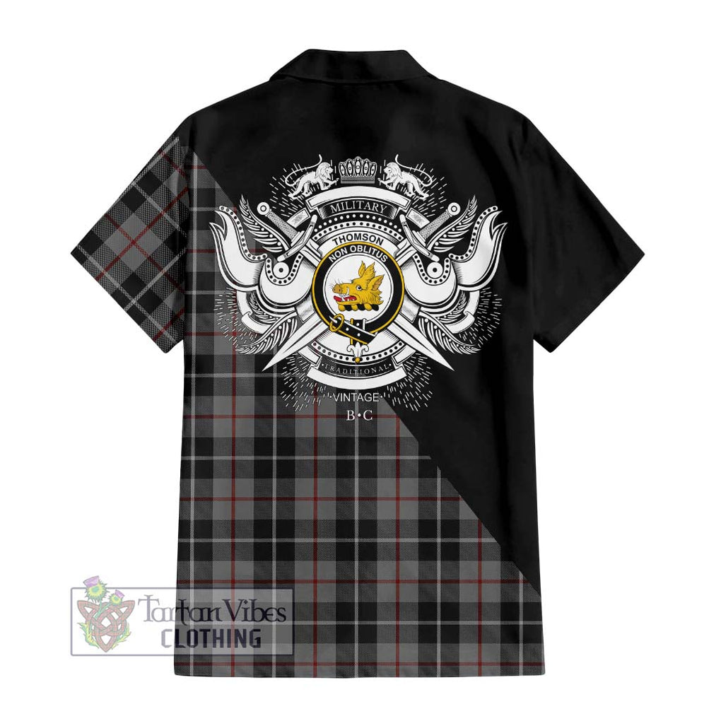 Thomson Grey Tartan Short Sleeve Button Shirt with Family Crest and Military Logo Style - Tartanvibesclothing Shop