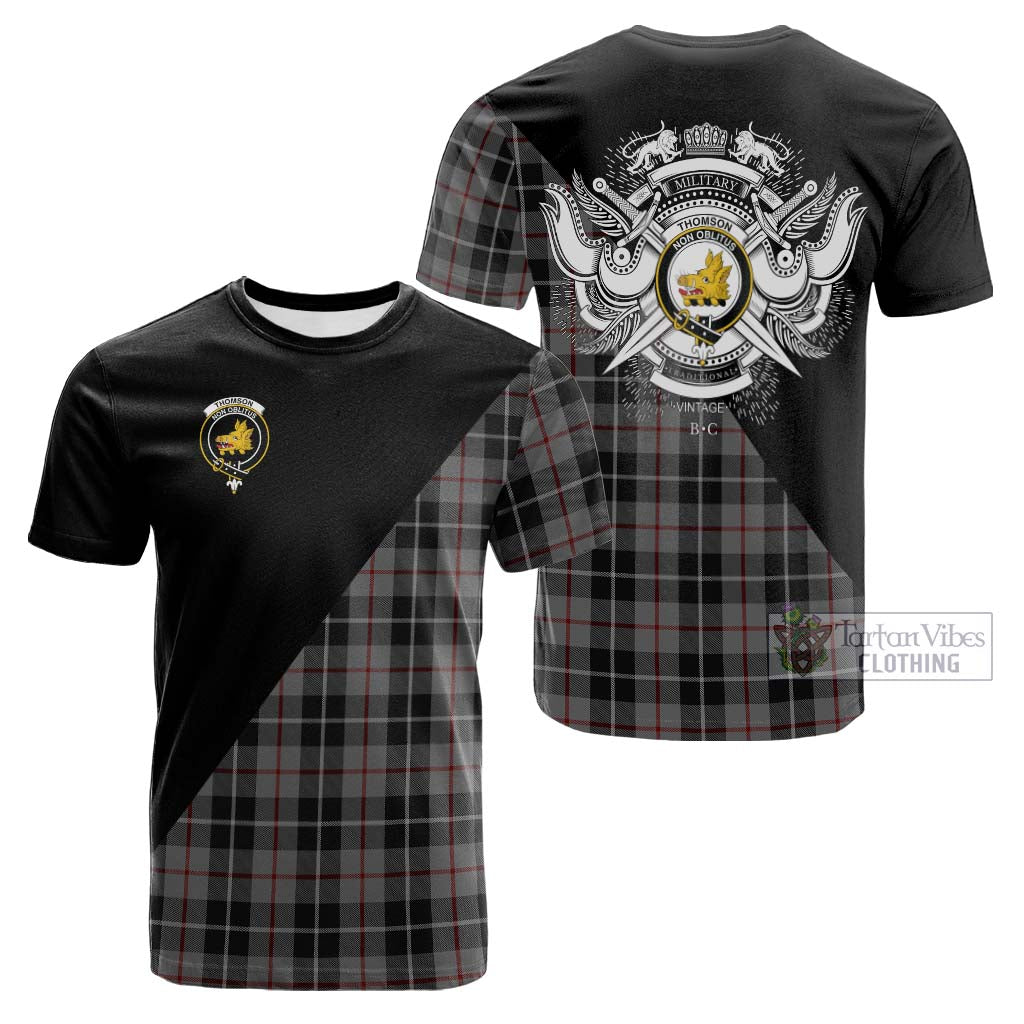 Tartan Vibes Clothing Thomson Grey Tartan Cotton T-shirt with Family Crest and Military Logo Style