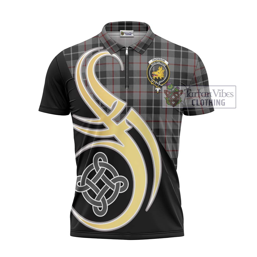 Tartan Vibes Clothing Thomson Grey Tartan Zipper Polo Shirt with Family Crest and Celtic Symbol Style