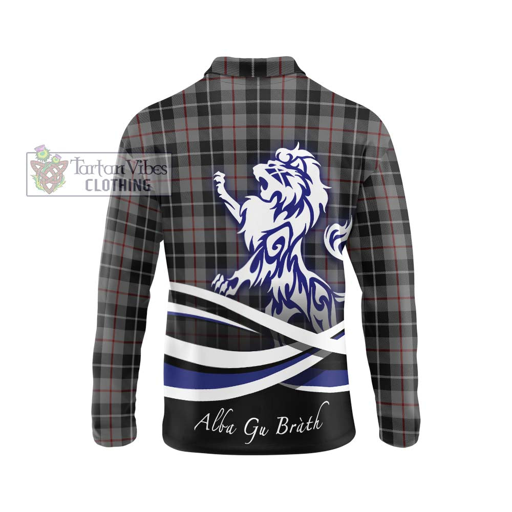 Thomson Grey Tartan Long Sleeve Polo Shirt with Alba Gu Brath Regal Lion Emblem - Tartanvibesclothing Shop