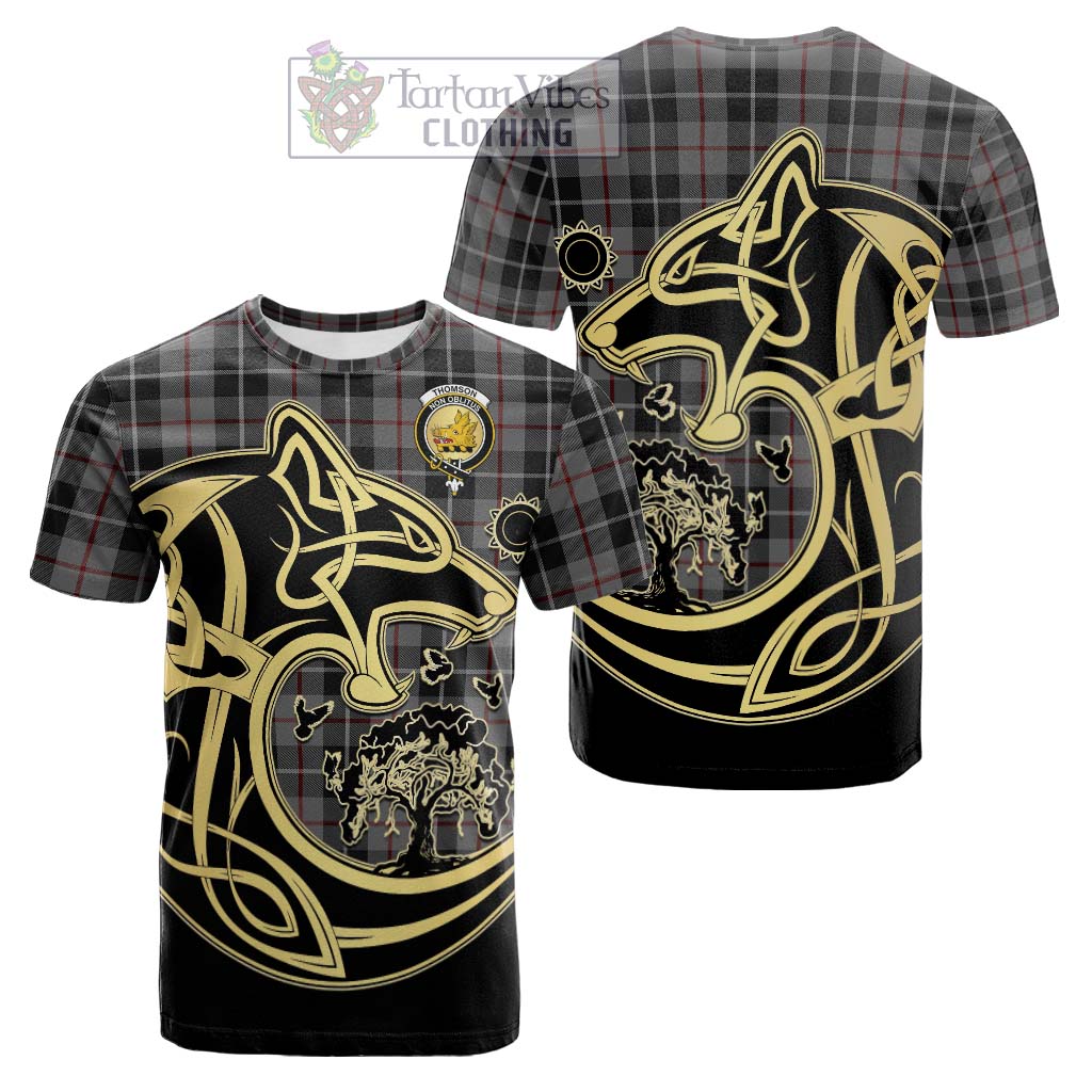 Tartan Vibes Clothing Thomson Grey Tartan Cotton T-shirt with Family Crest Celtic Wolf Style