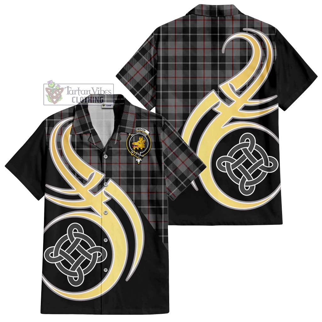 Thomson Grey Tartan Short Sleeve Button Shirt with Family Crest and Celtic Symbol Style - Tartan Vibes Clothing