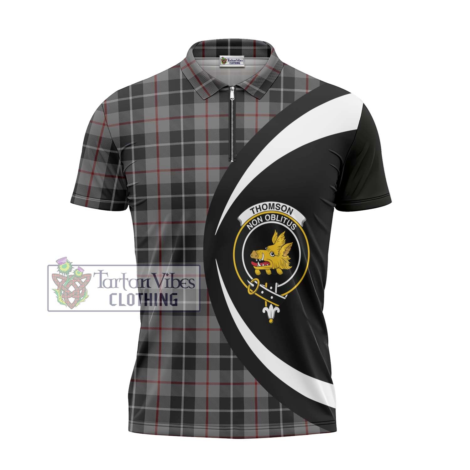 Thomson Grey Tartan Zipper Polo Shirt with Family Crest Circle Style - Tartan Vibes Clothing