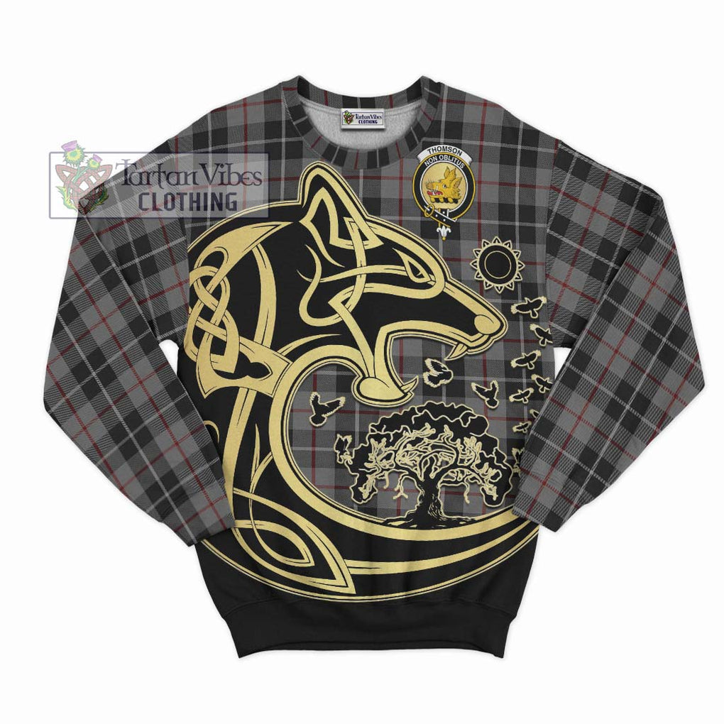 Thomson Grey Tartan Sweatshirt with Family Crest Celtic Wolf Style - Tartan Vibes Clothing