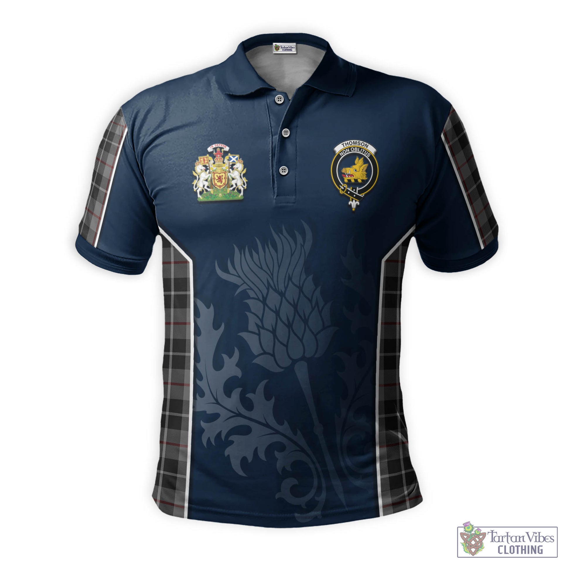 Thomson Grey Tartan Men's Polo Shirt with Family Crest and Scottish Thistle Vibes Sport Style - Tartan Vibes Clothing