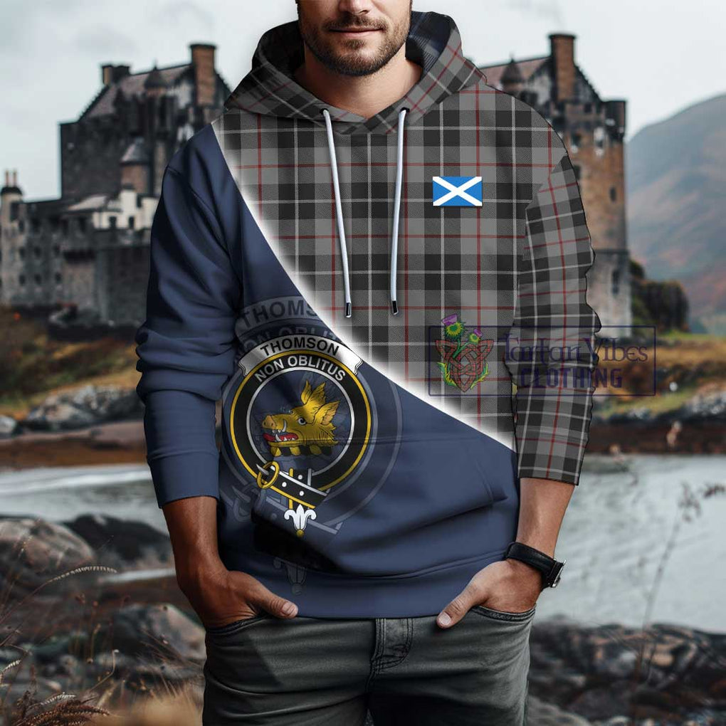 Thomson Grey Tartan Hoodie with Personalised National Flag and Family Crest Half Style - Tartanvibesclothing Shop