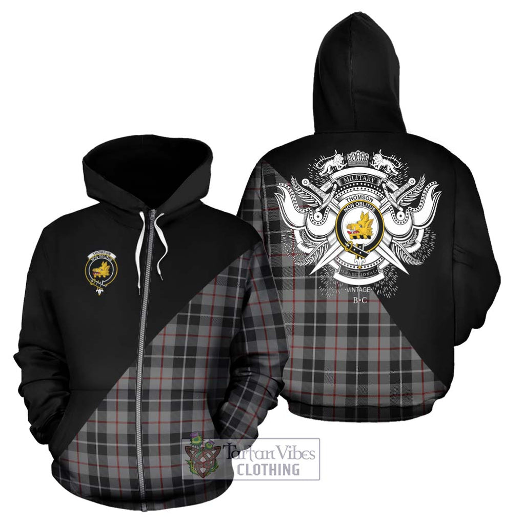 Thomson Grey Tartan Hoodie with Family Crest and Military Logo Style - Tartanvibesclothing Shop