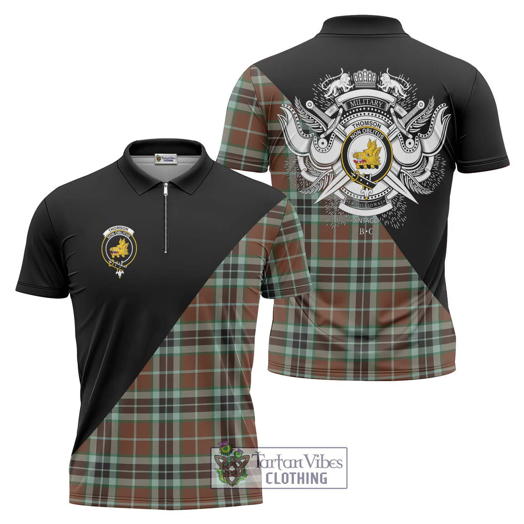 Thomson Hunting Modern Tartan Zipper Polo Shirt with Family Crest and Military Logo Style Unisex - Tartanvibesclothing Shop