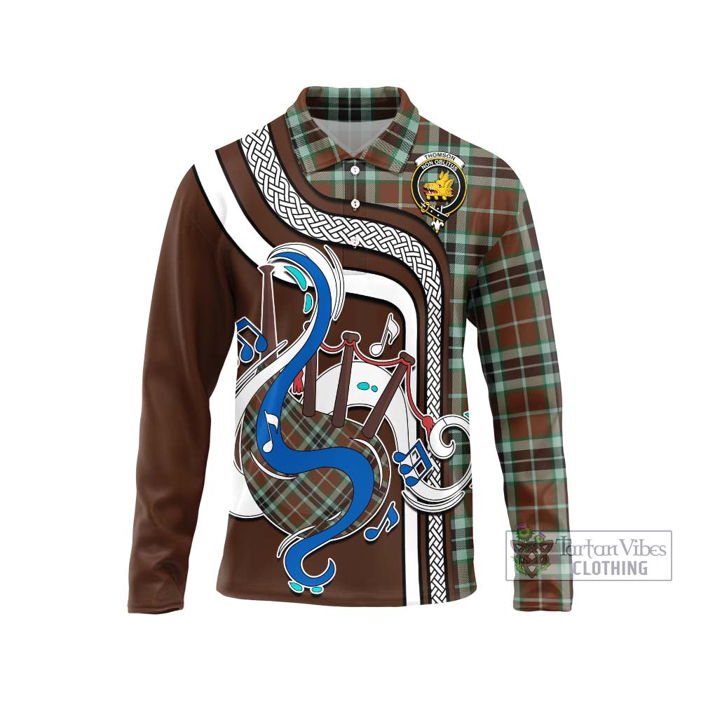 Tartan Vibes Clothing Thomson Hunting Modern Tartan Long Sleeve Polo Shirt with Epic Bagpipe Style