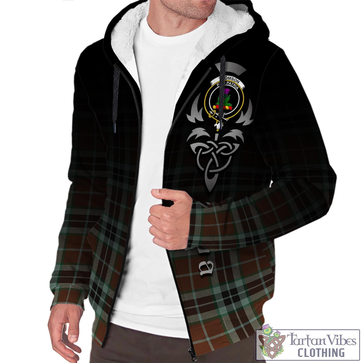 Tartan Vibes Clothing Thomson Hunting Modern Tartan Sherpa Hoodie Featuring Alba Gu Brath Family Crest Celtic Inspired