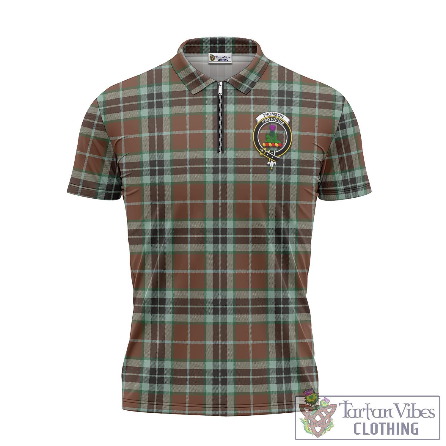 Tartan Vibes Clothing Thomson Hunting Modern Tartan Zipper Polo Shirt with Family Crest