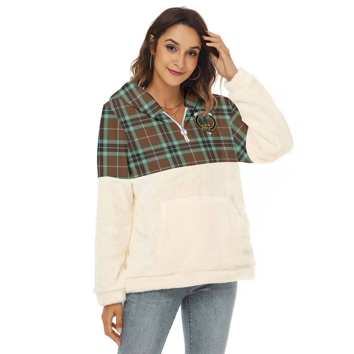 thomson-hunting-modern-tartan-womens-borg-fleece-hoodie-with-half-zip-with-family-crest