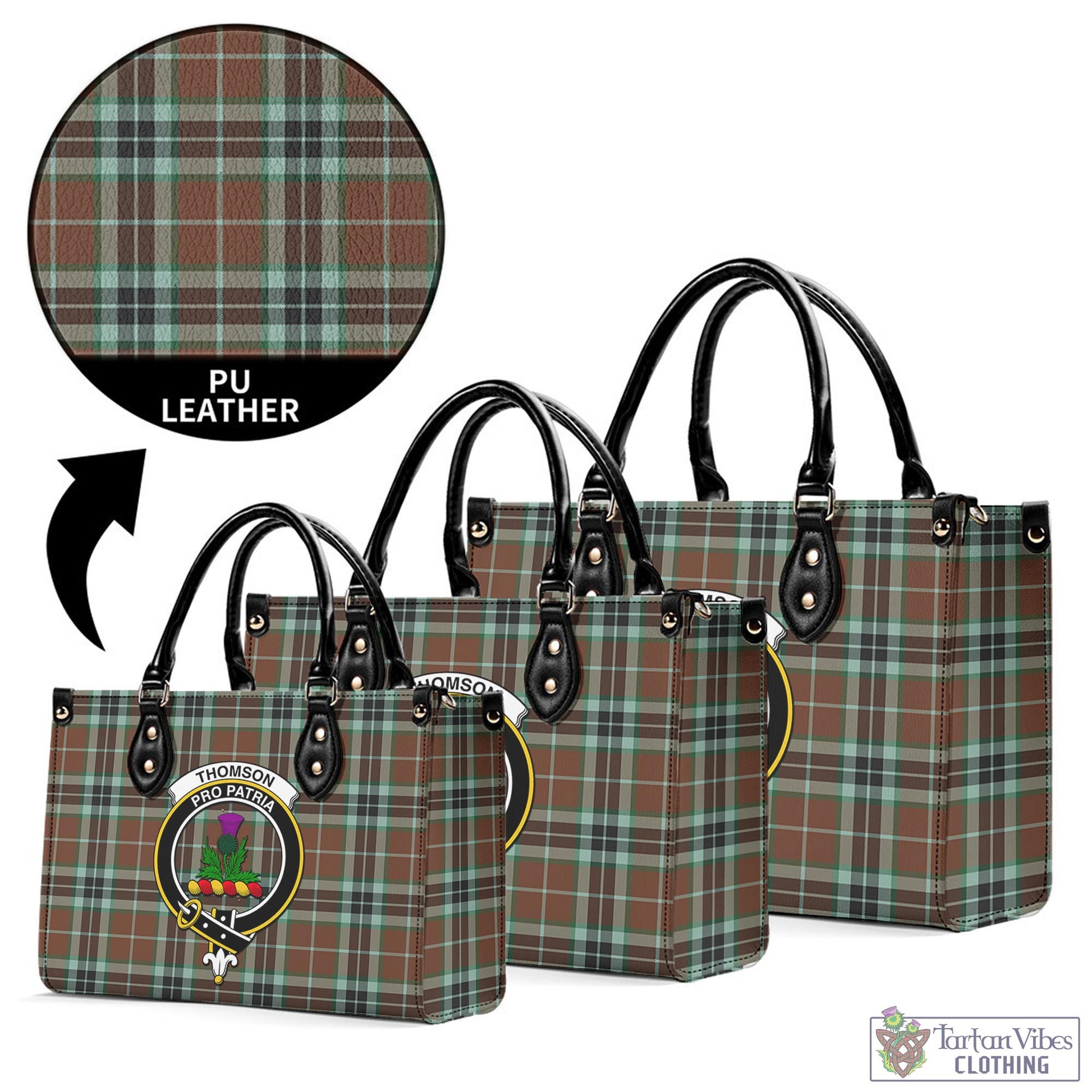 Tartan Vibes Clothing Thomson Hunting Modern Tartan Luxury Leather Handbags with Family Crest