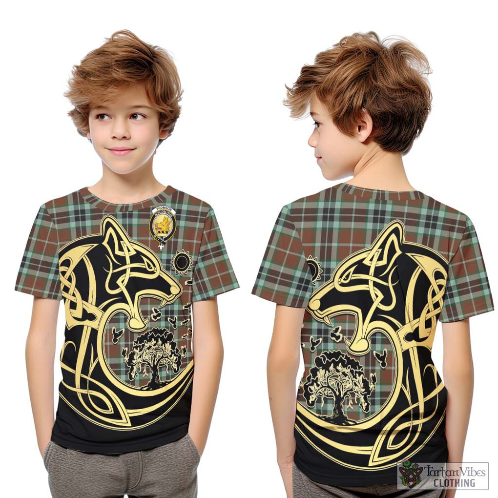 Thomson Hunting Modern Tartan Kid T-Shirt with Family Crest Celtic Wolf Style Youth XL Size14 - Tartan Vibes Clothing