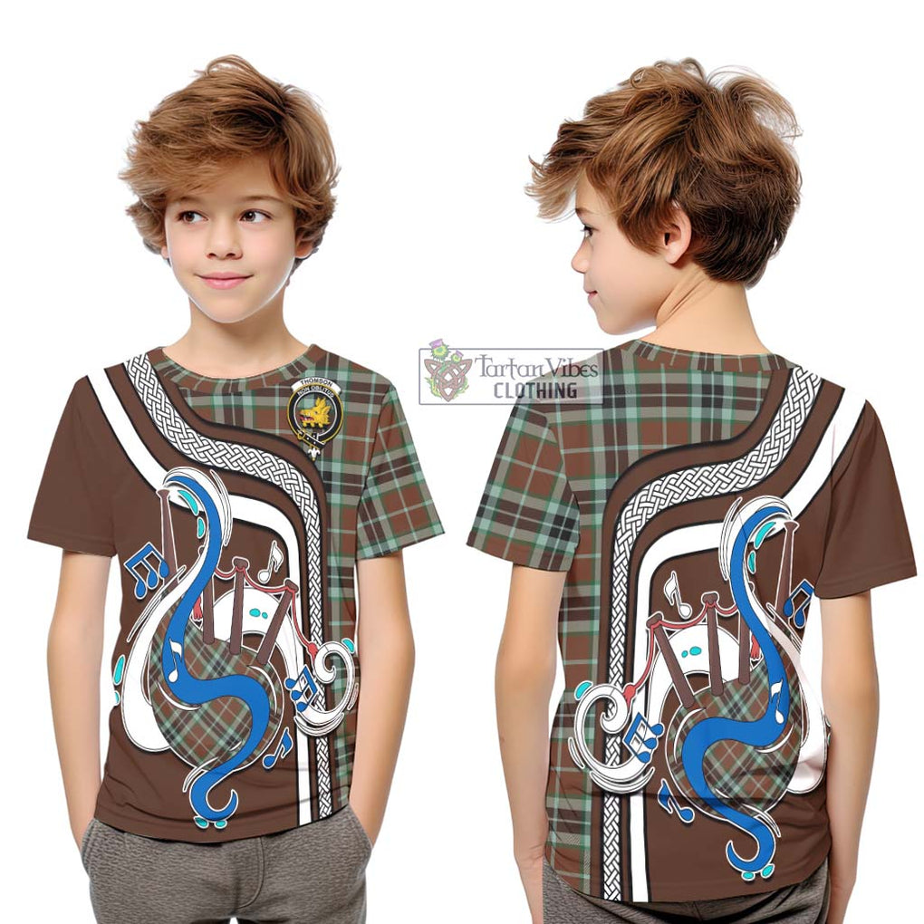 Tartan Vibes Clothing Thomson Hunting Modern Tartan Kid T-Shirt with Epic Bagpipe Style