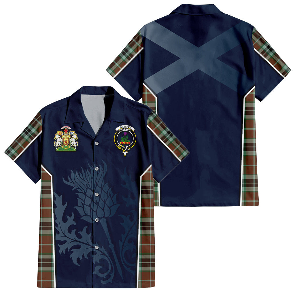 Tartan Vibes Clothing Thomson Hunting Modern Tartan Short Sleeve Button Up Shirt with Family Crest and Scottish Thistle Vibes Sport Style