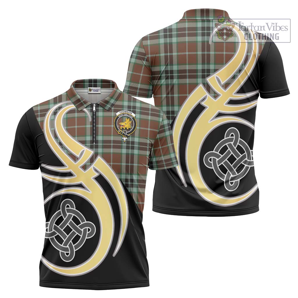 Tartan Vibes Clothing Thomson Hunting Modern Tartan Zipper Polo Shirt with Family Crest and Celtic Symbol Style