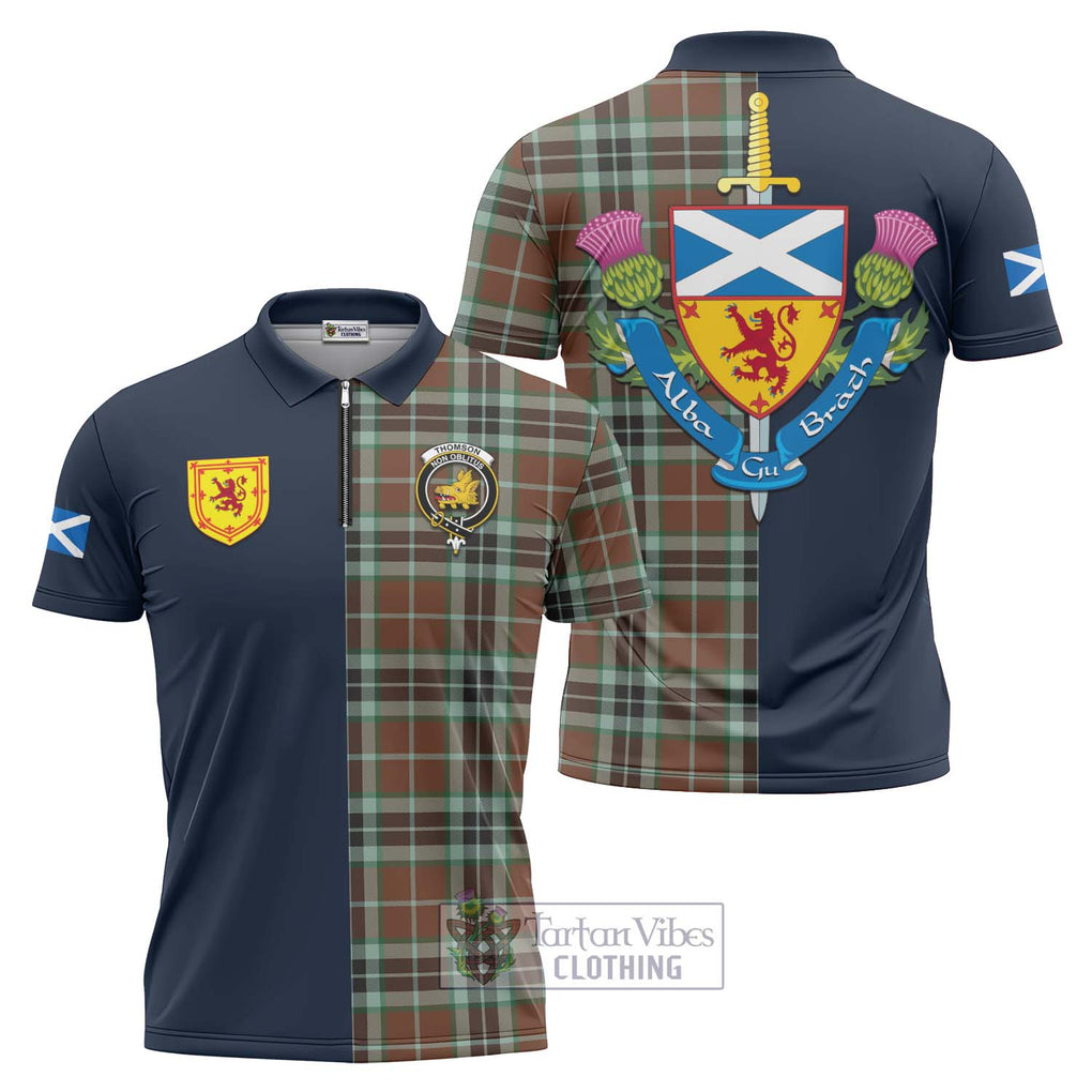 Tartan Vibes Clothing Thomson Hunting Modern Tartan Zipper Polo Shirt with Scottish Lion Royal Arm Half Style