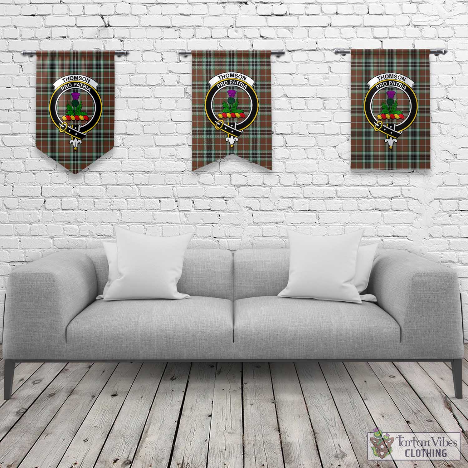 Tartan Vibes Clothing Thomson Hunting Modern Tartan Gonfalon, Tartan Banner with Family Crest