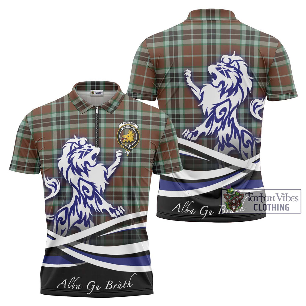 Thomson Hunting Modern Tartan Zipper Polo Shirt with Alba Gu Brath Regal Lion Emblem Unisex - Tartanvibesclothing Shop