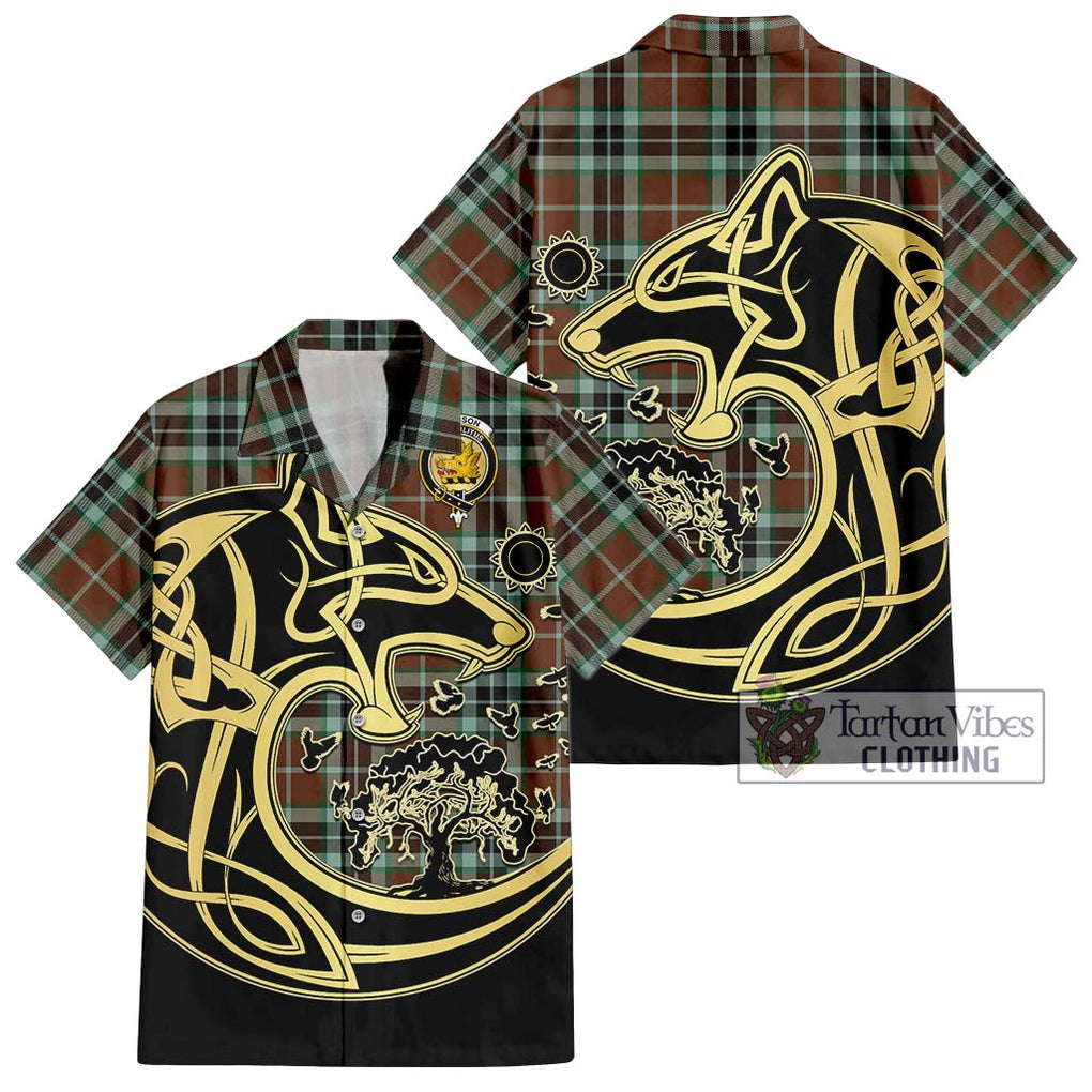 Thomson Hunting Modern Tartan Short Sleeve Button Shirt with Family Crest Celtic Wolf Style Kid - Tartan Vibes Clothing