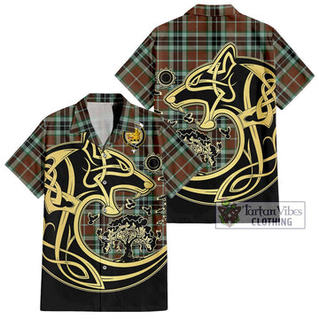 Thomson Hunting Modern Tartan Short Sleeve Button Shirt with Family Crest Celtic Wolf Style