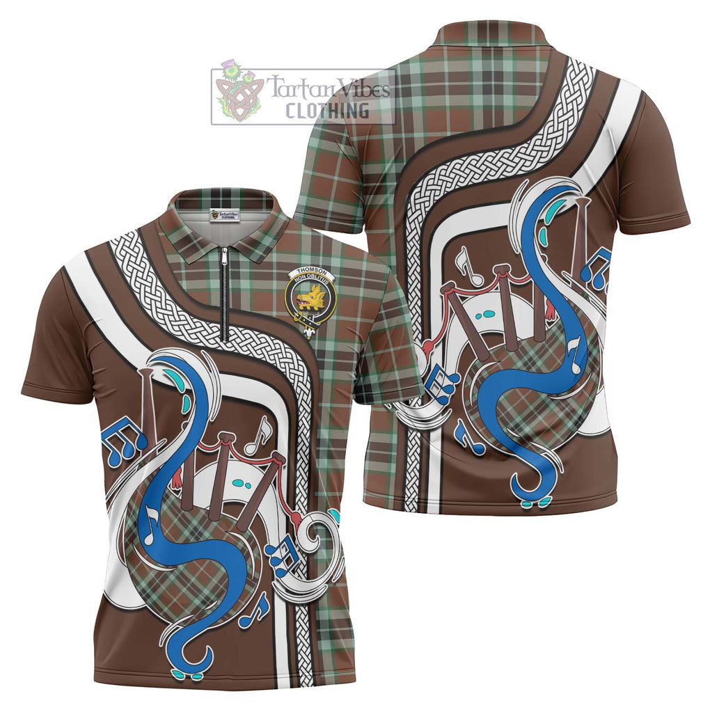 Thomson Hunting Modern Tartan Zipper Polo Shirt with Epic Bagpipe Style Unisex - Tartanvibesclothing Shop