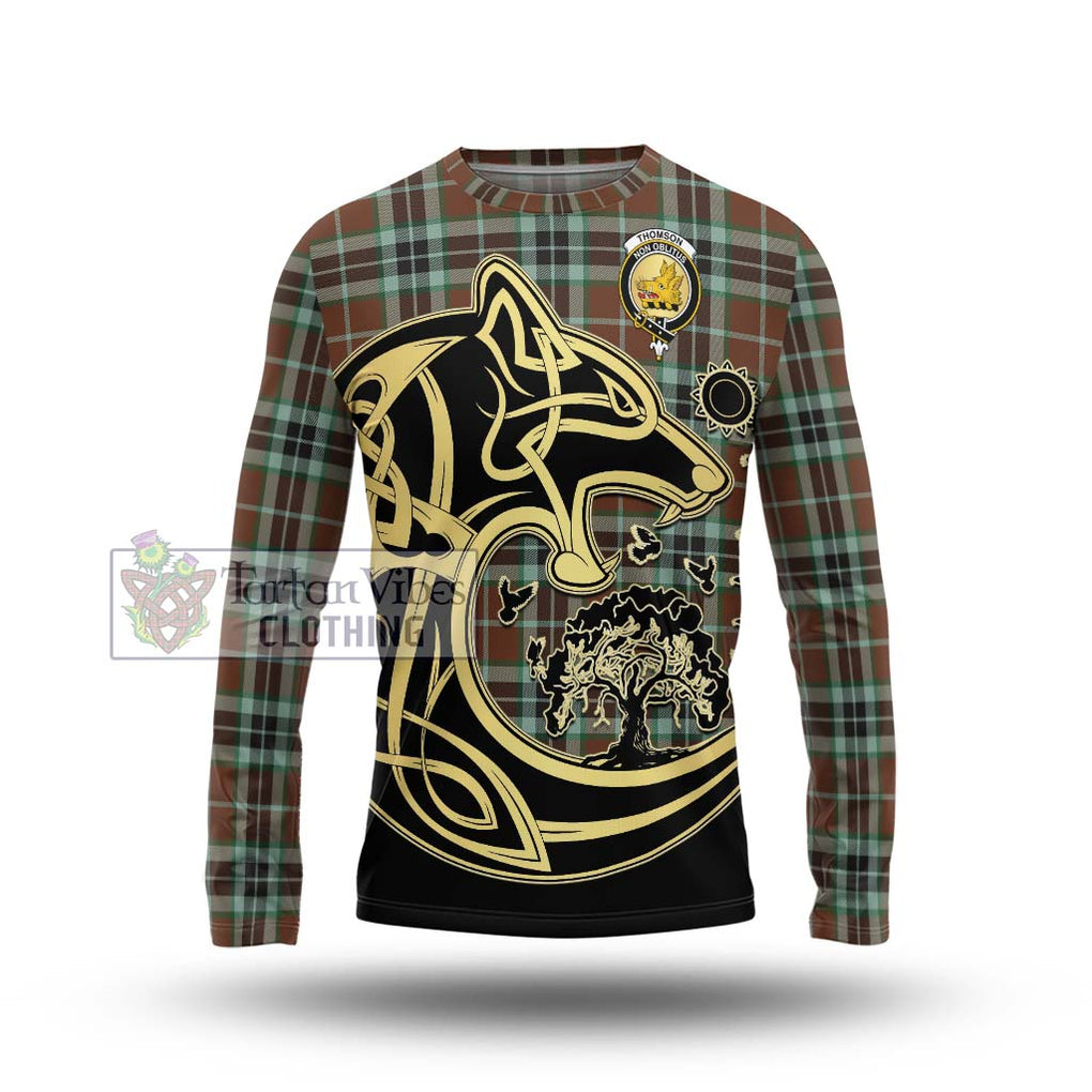 Thomson Hunting Modern Tartan Long Sleeve T-Shirt with Family Crest Celtic Wolf Style Unisex - Tartan Vibes Clothing