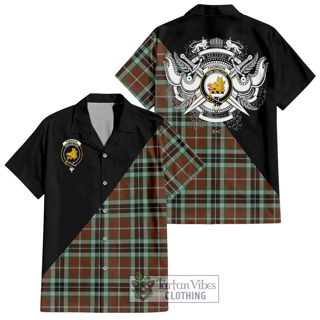 Thomson Hunting Modern Tartan Short Sleeve Button Shirt with Family Crest and Military Logo Style Kid - Tartanvibesclothing Shop