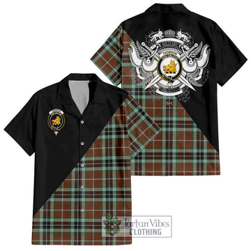 Thomson Hunting Modern Tartan Short Sleeve Button Shirt with Family Crest and Military Logo Style