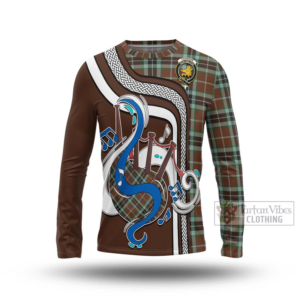 Tartan Vibes Clothing Thomson Hunting Modern Tartan Long Sleeve T-Shirt with Epic Bagpipe Style