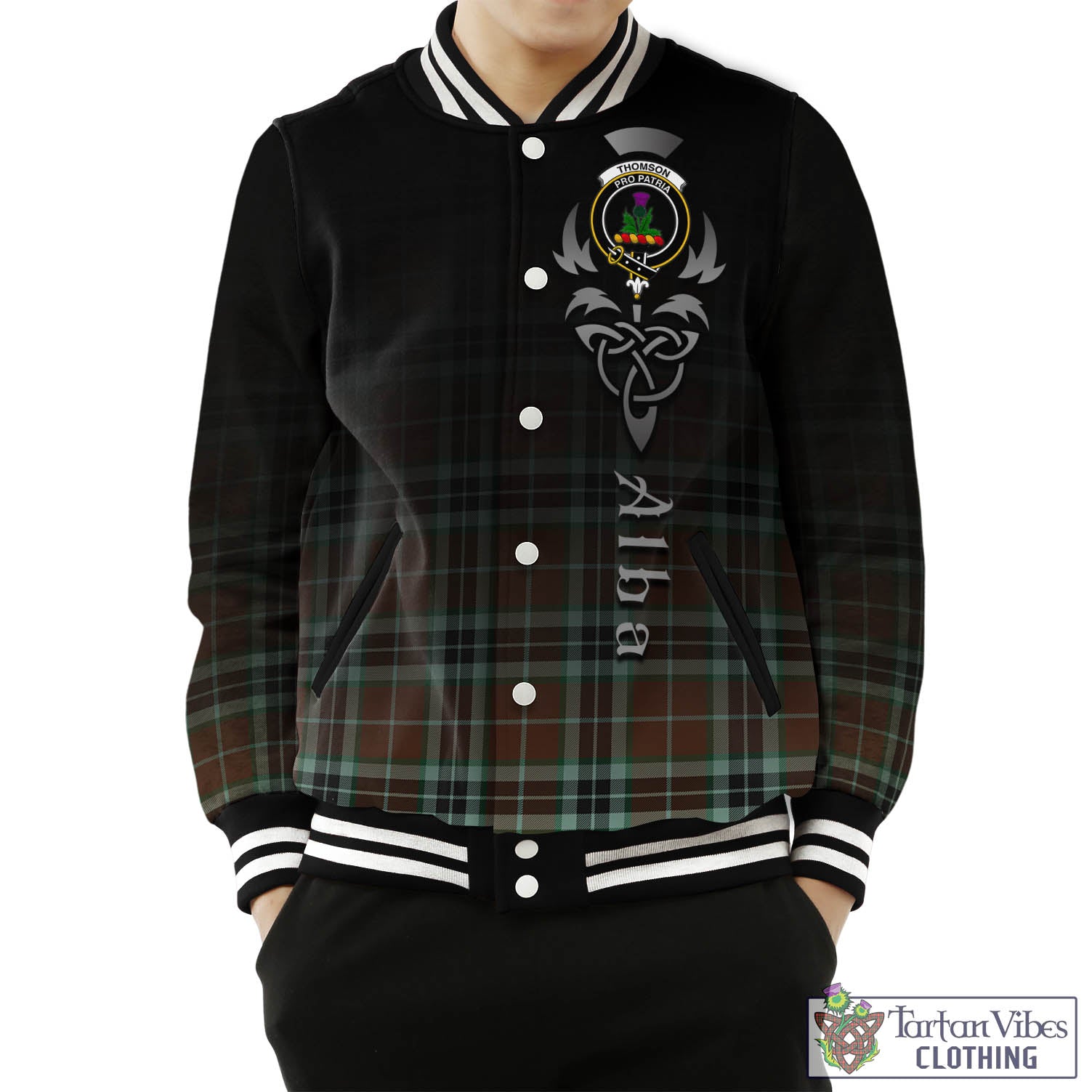 Tartan Vibes Clothing Thomson Hunting Modern Tartan Baseball Jacket Featuring Alba Gu Brath Family Crest Celtic Inspired