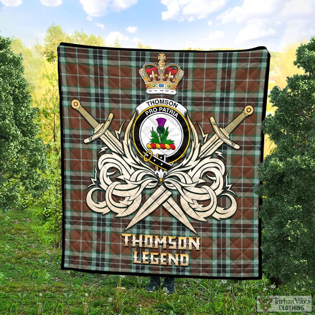 Tartan Vibes Clothing Thomson Hunting Modern Tartan Quilt with Clan Crest and the Golden Sword of Courageous Legacy