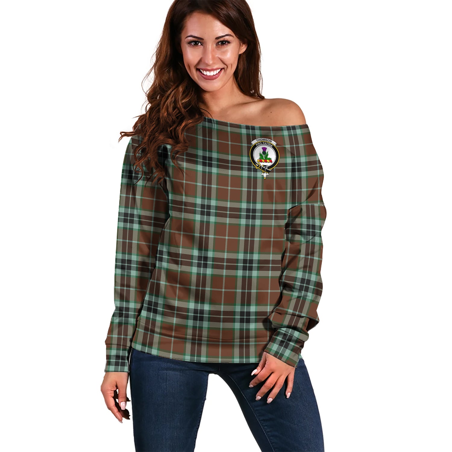 Thomson Hunting Modern Tartan Off Shoulder Women Sweater with Family Crest Women - Tartanvibesclothing Shop