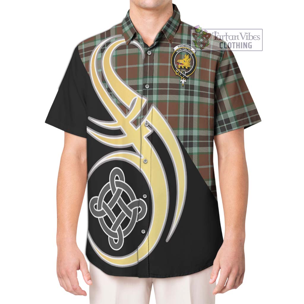 Thomson Hunting Modern Tartan Short Sleeve Button Shirt with Family Crest and Celtic Symbol Style Kid - Tartan Vibes Clothing