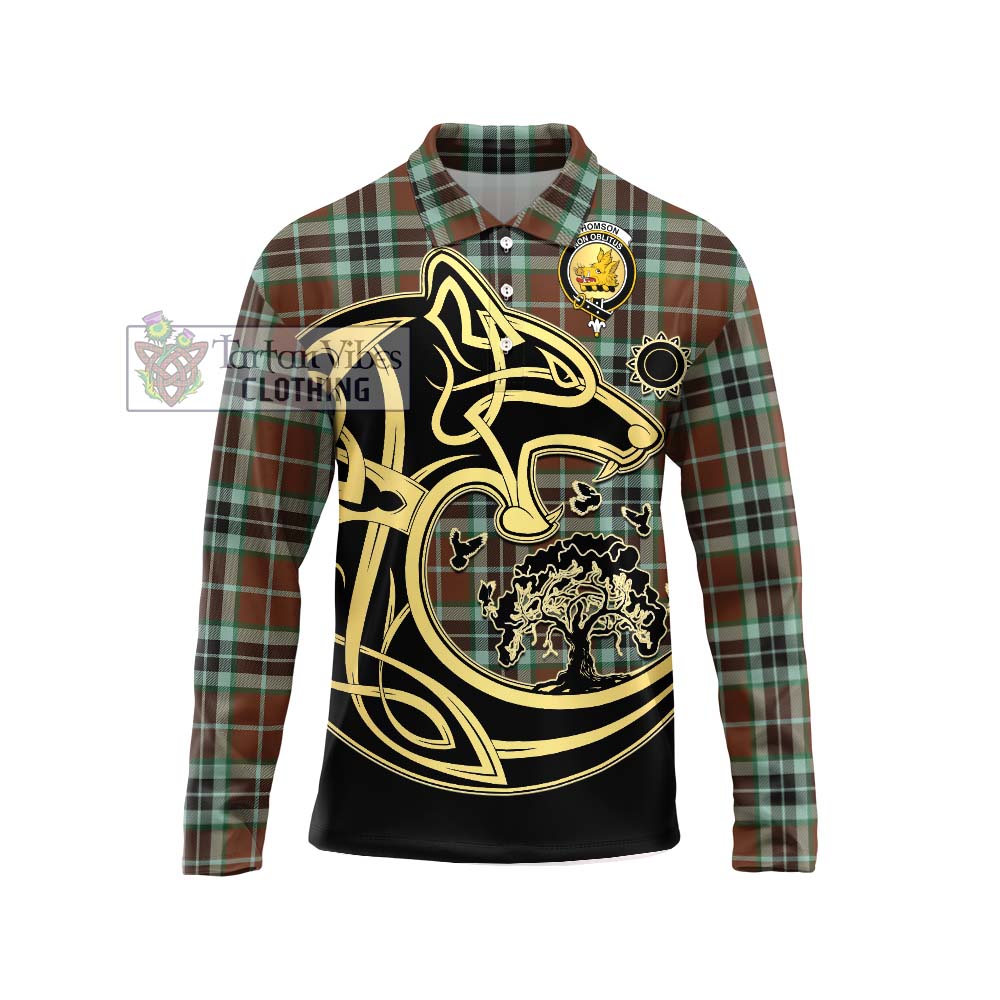 Thomson Hunting Modern Tartan Long Sleeve Polo Shirt with Family Crest Celtic Wolf Style Unisex - Tartanvibesclothing Shop