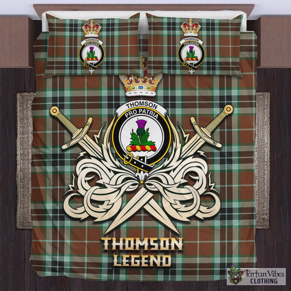 Tartan Vibes Clothing Thomson Hunting Modern Tartan Bedding Set with Clan Crest and the Golden Sword of Courageous Legacy