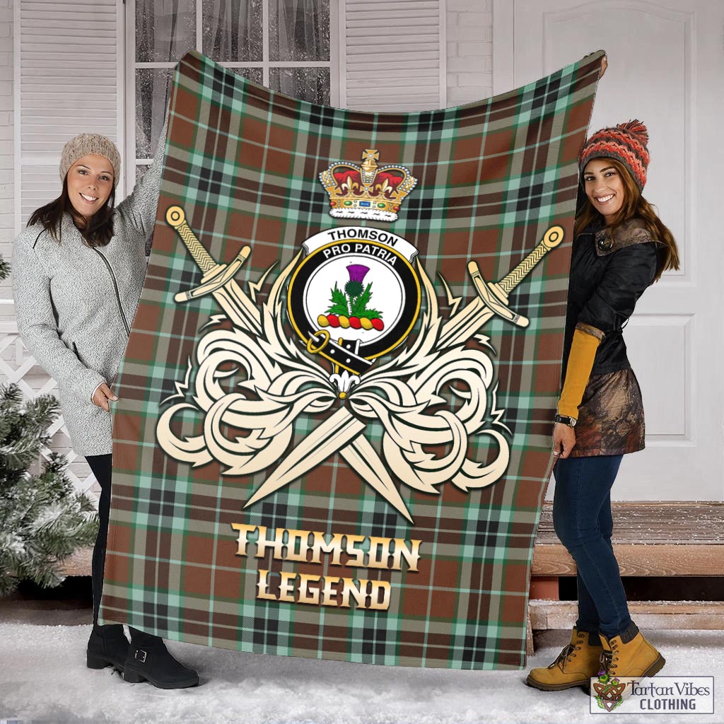 Tartan Vibes Clothing Thomson Hunting Modern Tartan Blanket with Clan Crest and the Golden Sword of Courageous Legacy