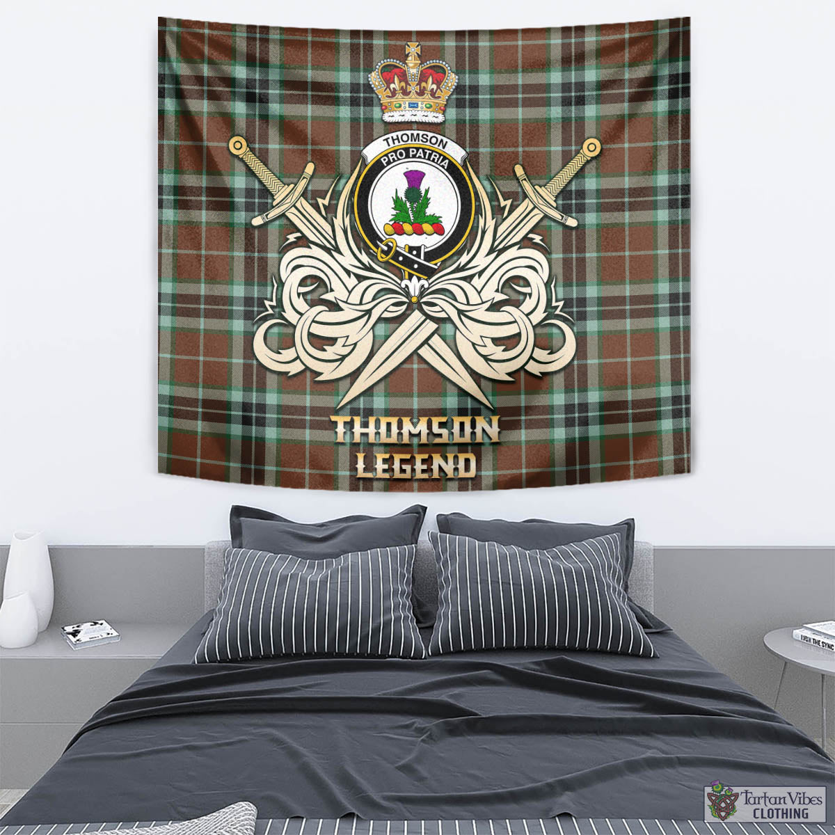 Tartan Vibes Clothing Thomson Hunting Modern Tartan Tapestry with Clan Crest and the Golden Sword of Courageous Legacy