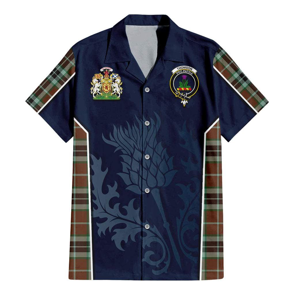 Tartan Vibes Clothing Thomson Hunting Modern Tartan Short Sleeve Button Up Shirt with Family Crest and Scottish Thistle Vibes Sport Style