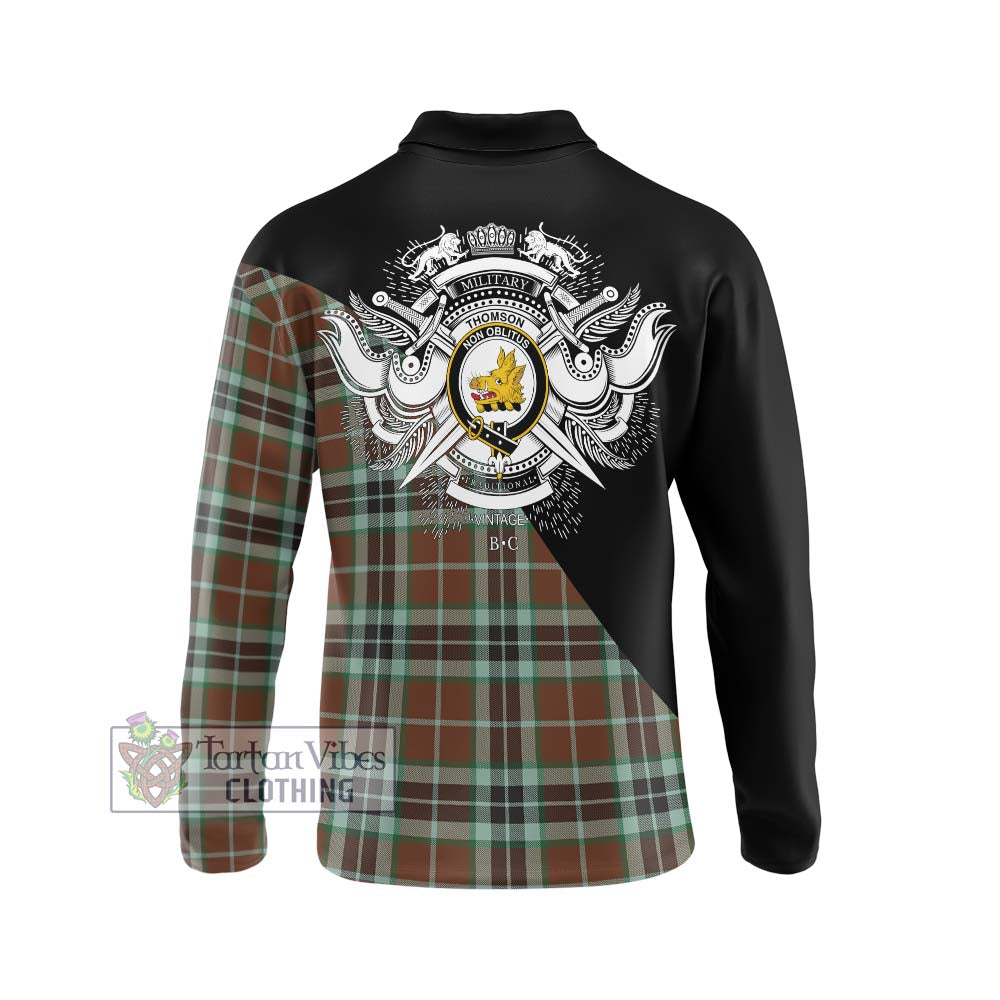 Thomson Hunting Modern Tartan Long Sleeve Polo Shirt with Family Crest and Military Logo Style - Tartanvibesclothing Shop