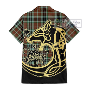 Thomson Hunting Modern Tartan Short Sleeve Button Shirt with Family Crest Celtic Wolf Style